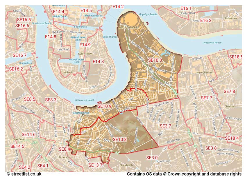 map showing postcode sectors within the SE10 district