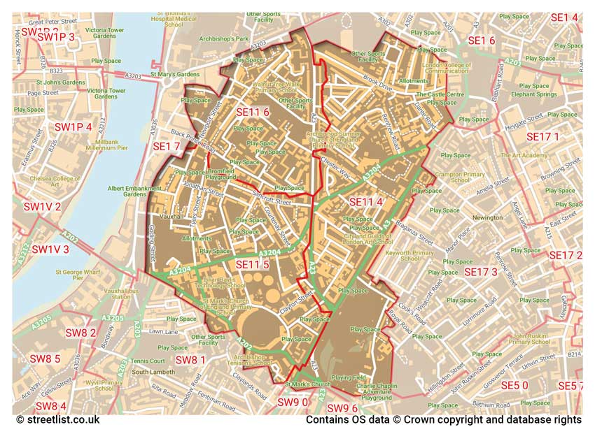 map showing postcode sectors within the SE11 district