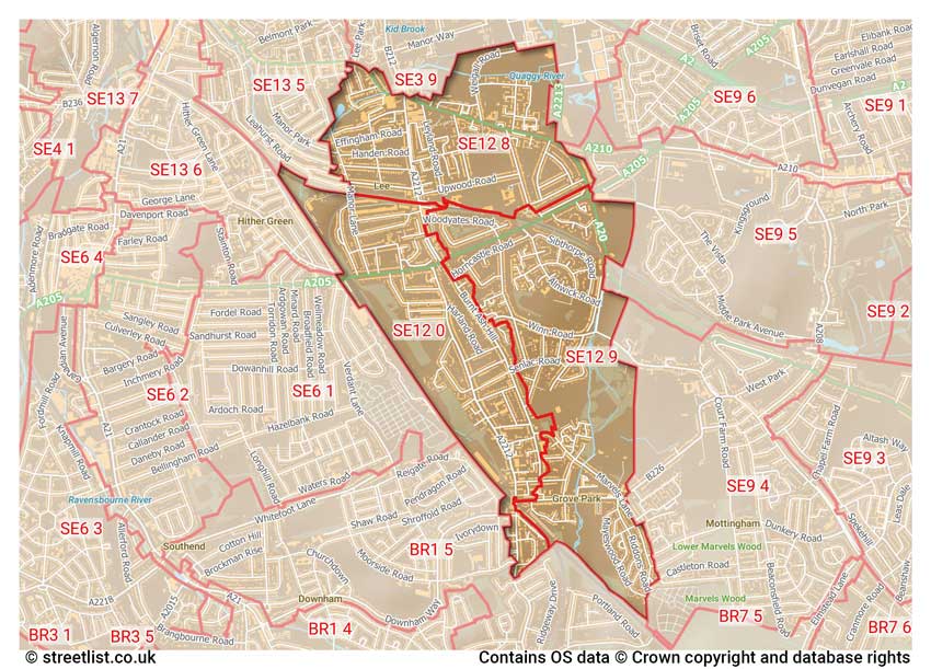 map showing postcode sectors within the SE12 district