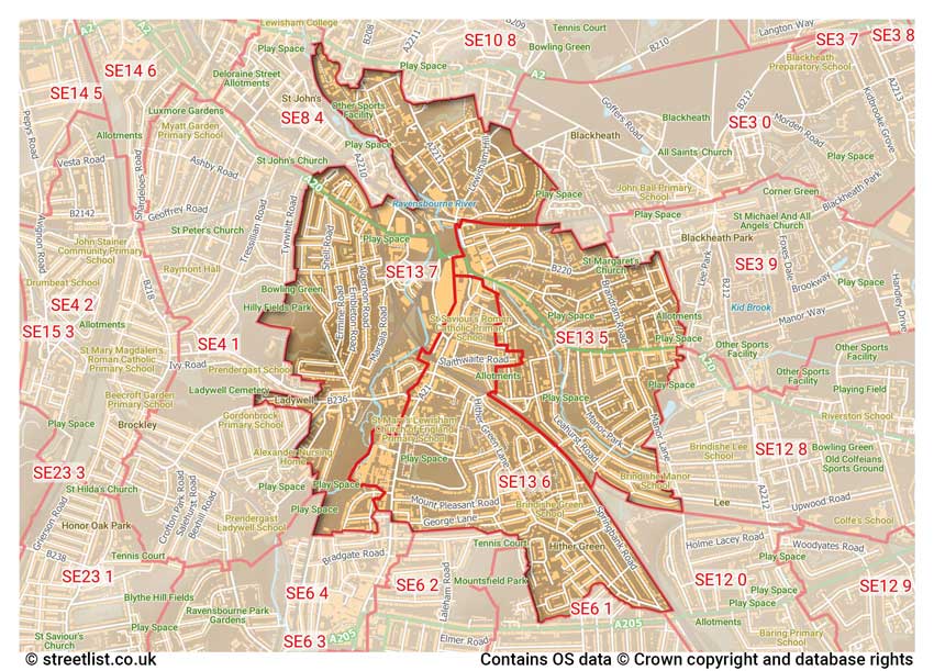 map showing postcode sectors within the SE13 district