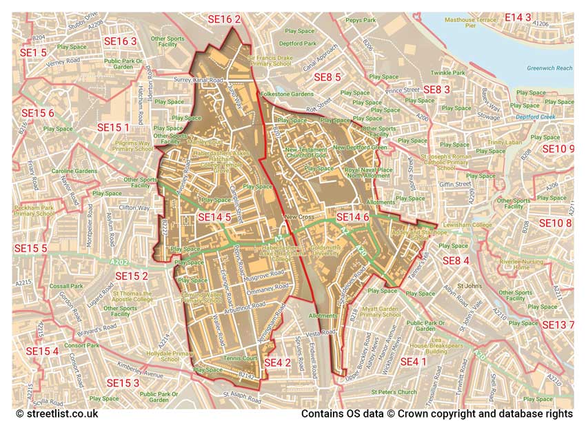 map showing postcode sectors within the SE14 district