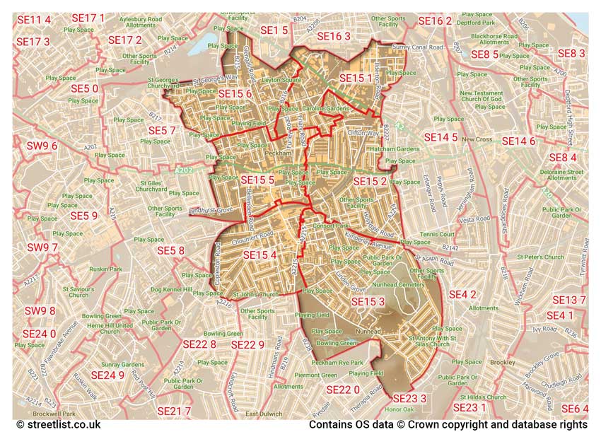 map showing postcode sectors within the SE15 district