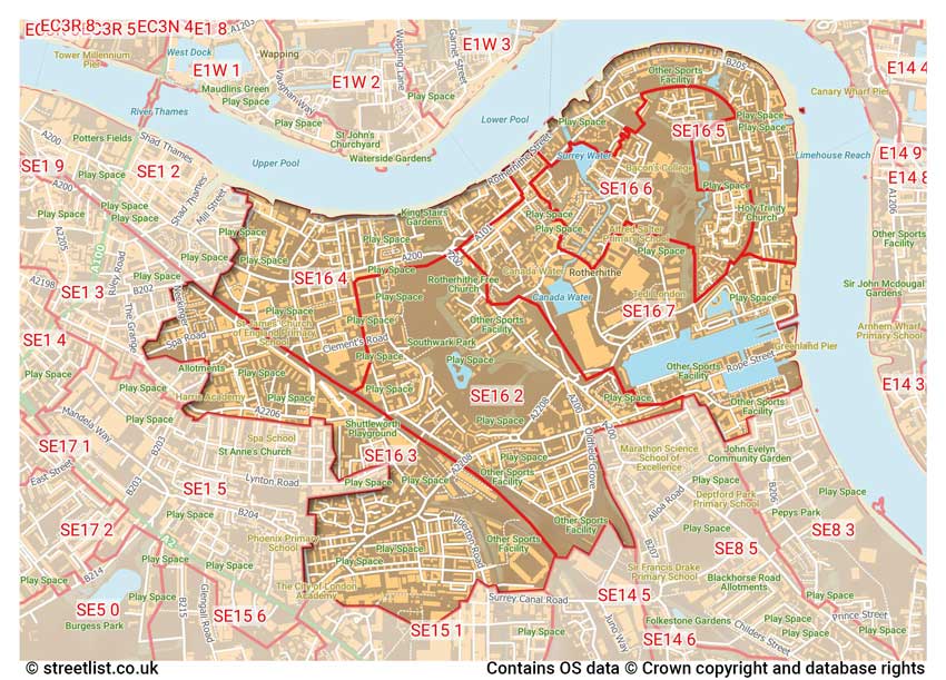 map showing postcode sectors within the SE16 district