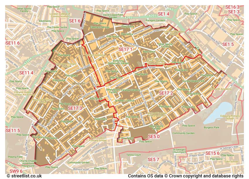 map showing postcode sectors within the SE17 district