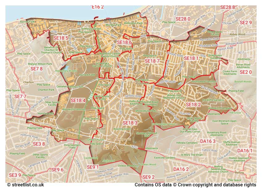 map showing postcode sectors within the SE18 district