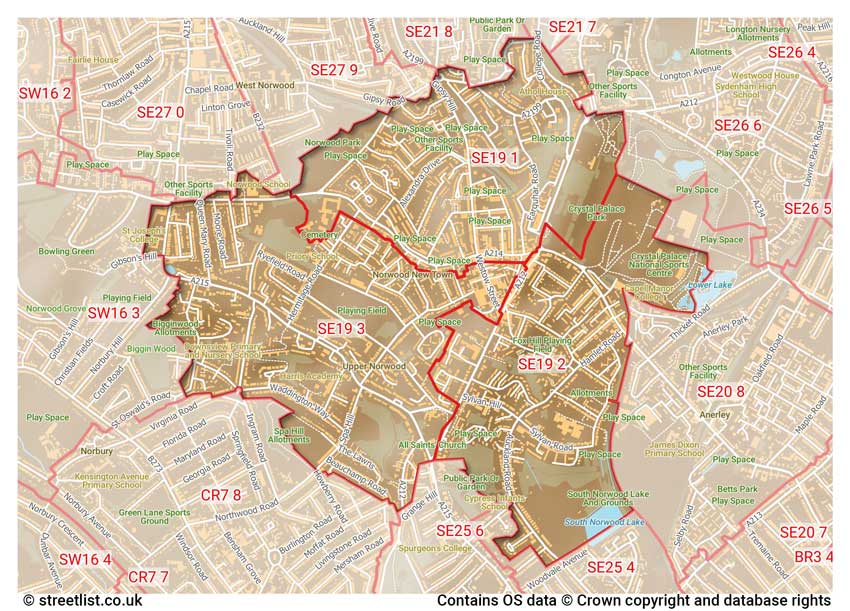 map showing postcode sectors within the SE19 district