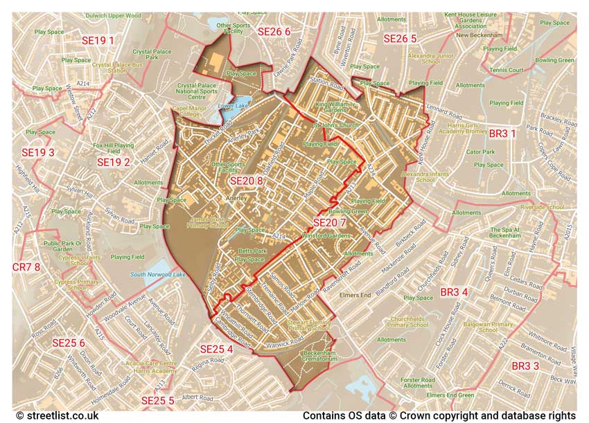 map showing postcode sectors within the SE20 district