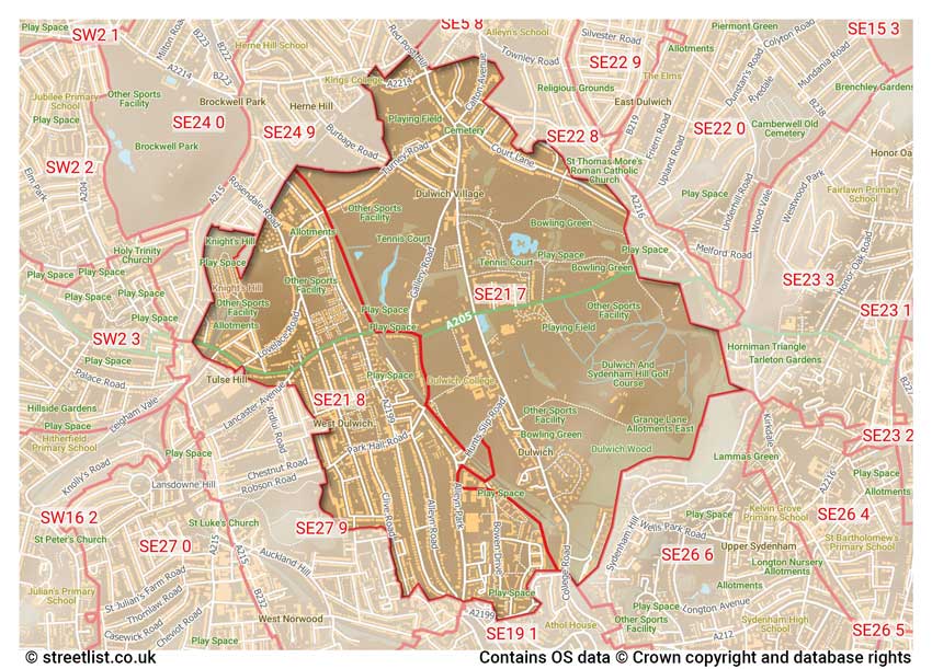 map showing postcode sectors within the SE21 district