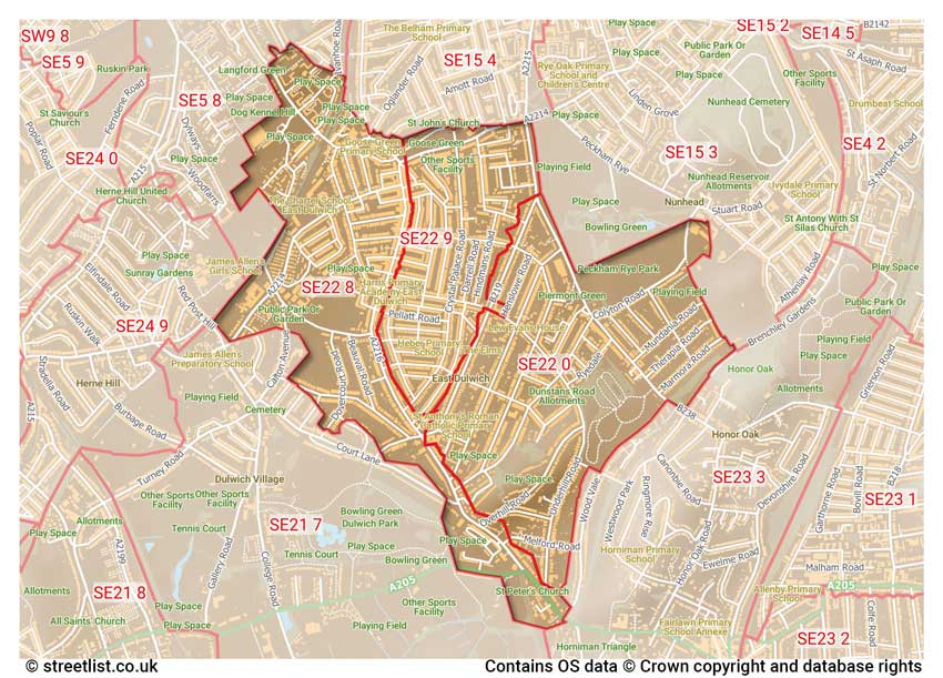 map showing postcode sectors within the SE22 district