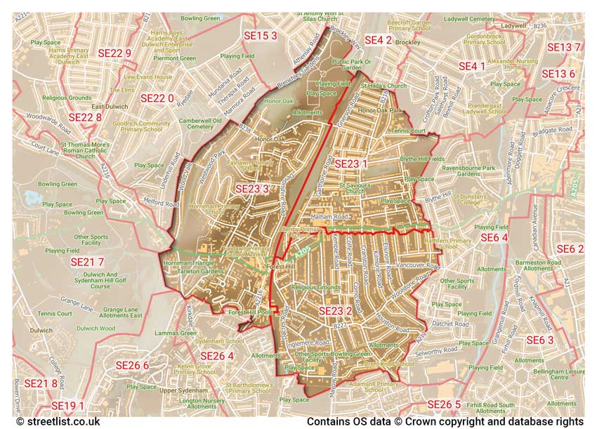 map showing postcode sectors within the SE23 district