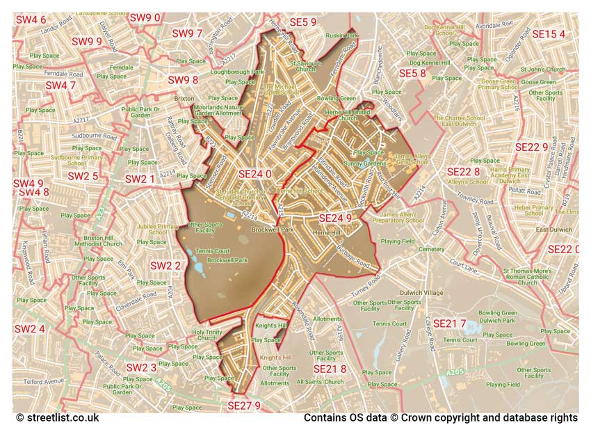 map showing postcode sectors within the SE24 district