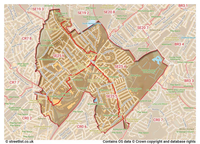 map showing postcode sectors within the SE25 district