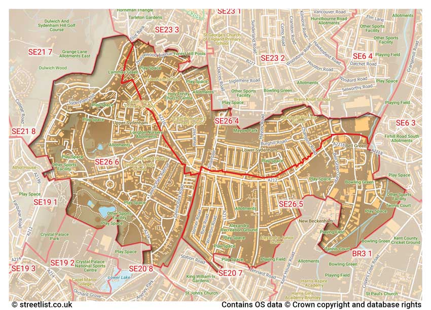 map showing postcode sectors within the SE26 district