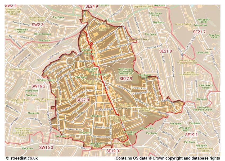 map showing postcode sectors within the SE27 district