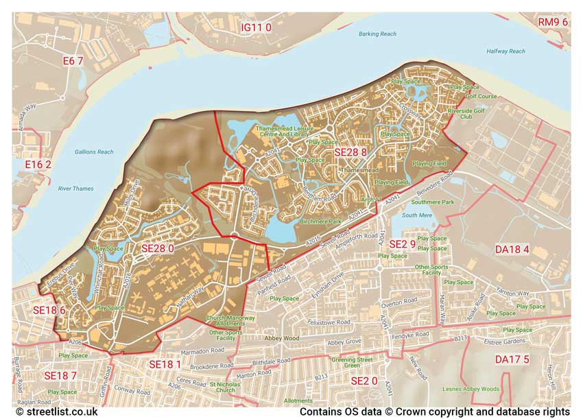 map showing postcode sectors within the SE28 district