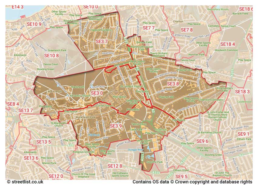 map showing postcode sectors within the SE3 district