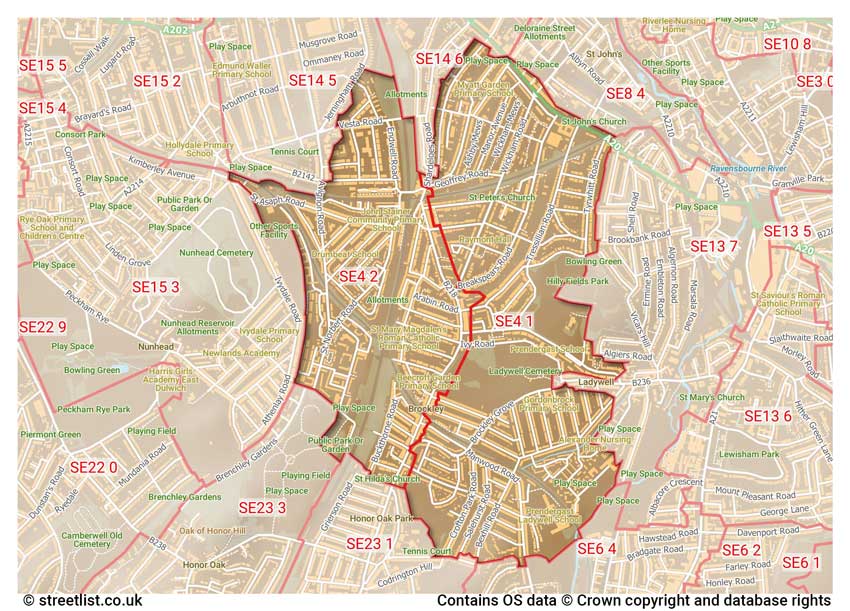 map showing postcode sectors within the SE4 district