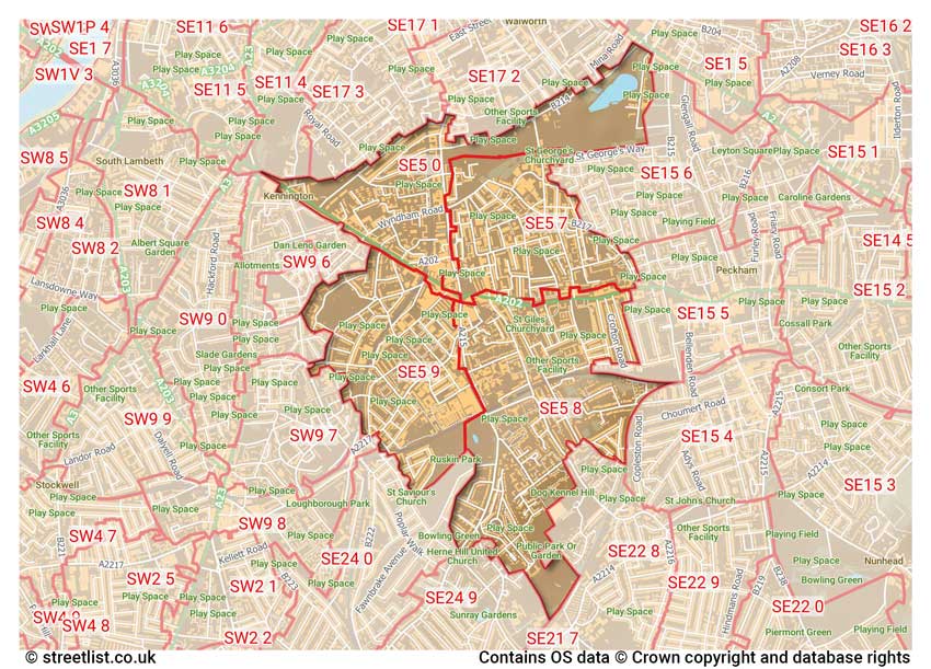 map showing postcode sectors within the SE5 district