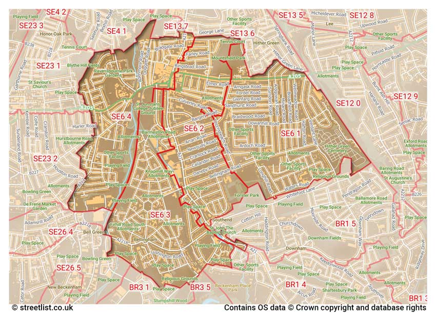 map showing postcode sectors within the SE6 district