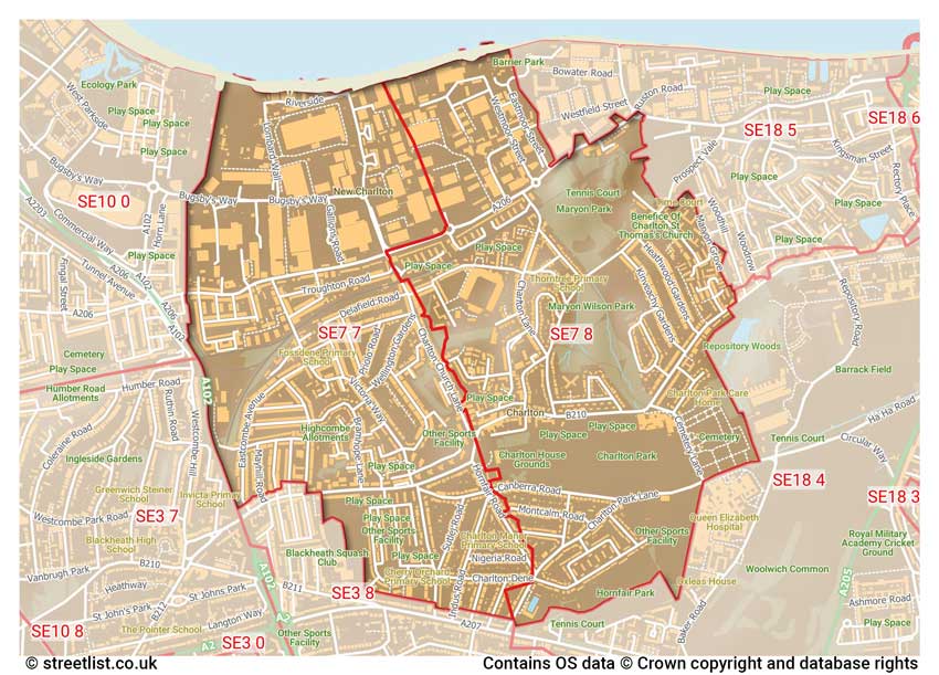 map showing postcode sectors within the SE7 district