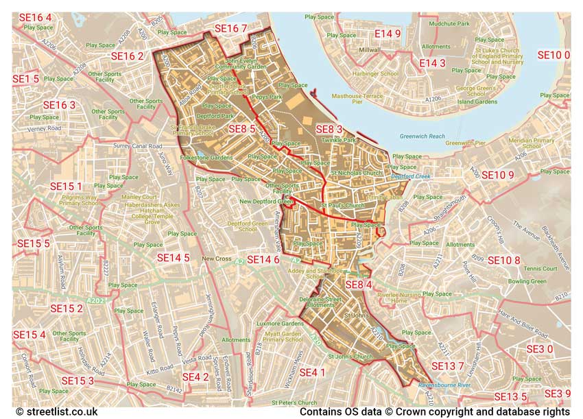 map showing postcode sectors within the SE8 district