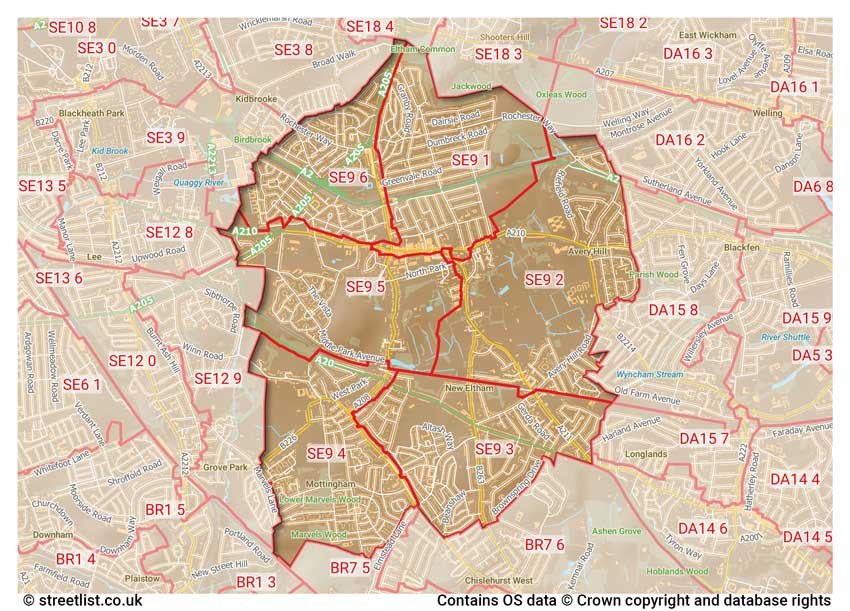 map showing postcode sectors within the SE9 district