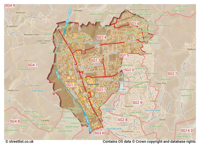 map showing postcode sectors within the SG1 district