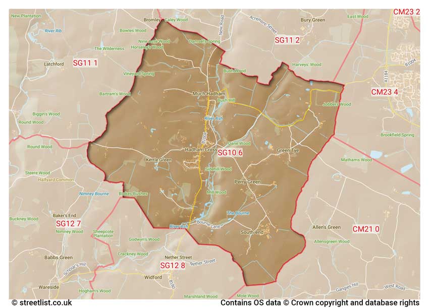 map showing postcode sectors within the SG10 district