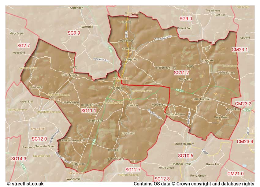 map showing postcode sectors within the SG11 district