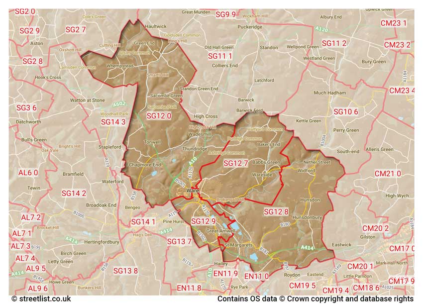 map showing postcode sectors within the SG12 district