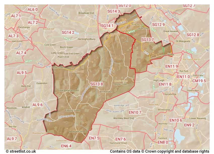 map showing postcode sectors within the SG13 district