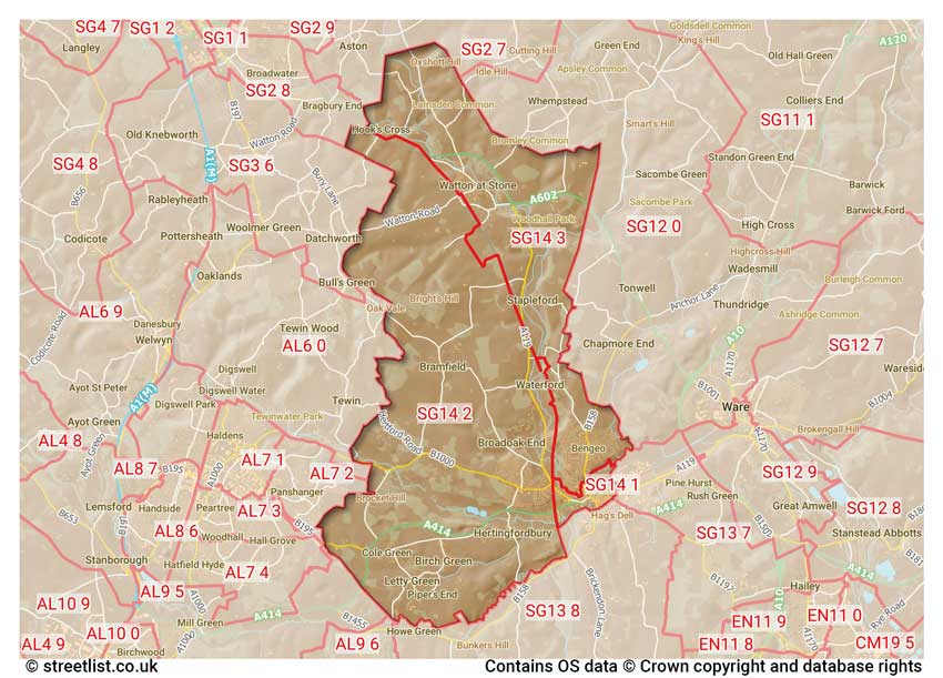 map showing postcode sectors within the SG14 district