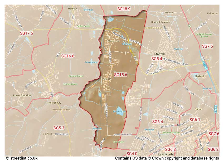 map showing postcode sectors within the SG15 district