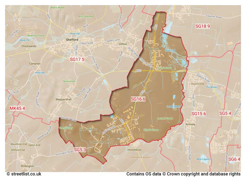 map showing postcode sectors within the SG16 district