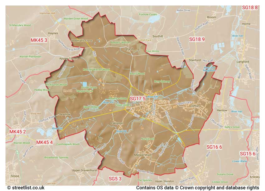 map showing postcode sectors within the SG17 district