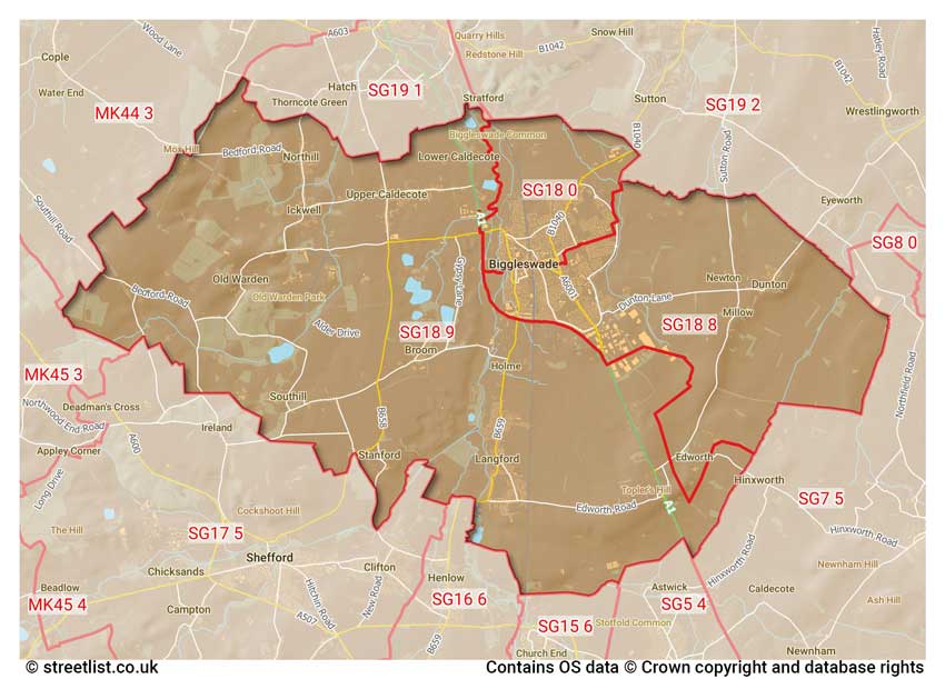 map showing postcode sectors within the SG18 district