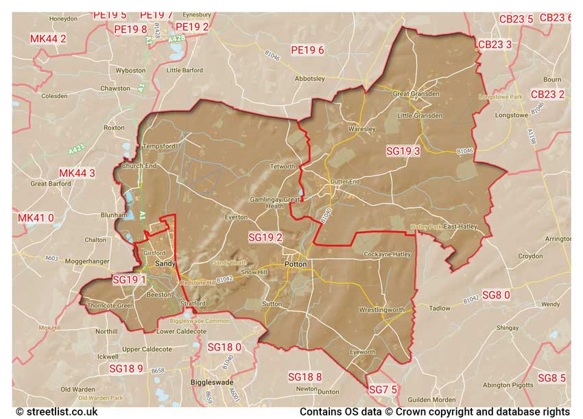 map showing postcode sectors within the SG19 district