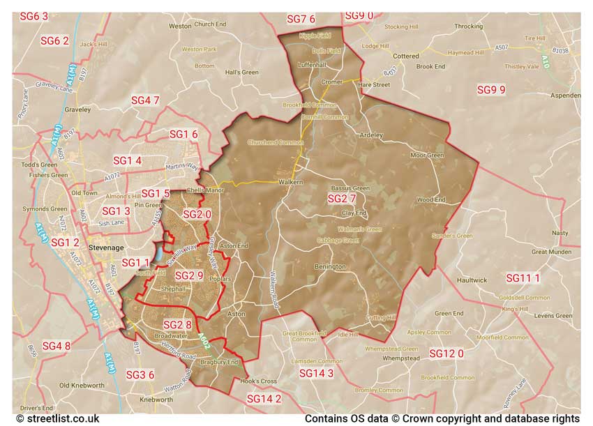 map showing postcode sectors within the SG2 district