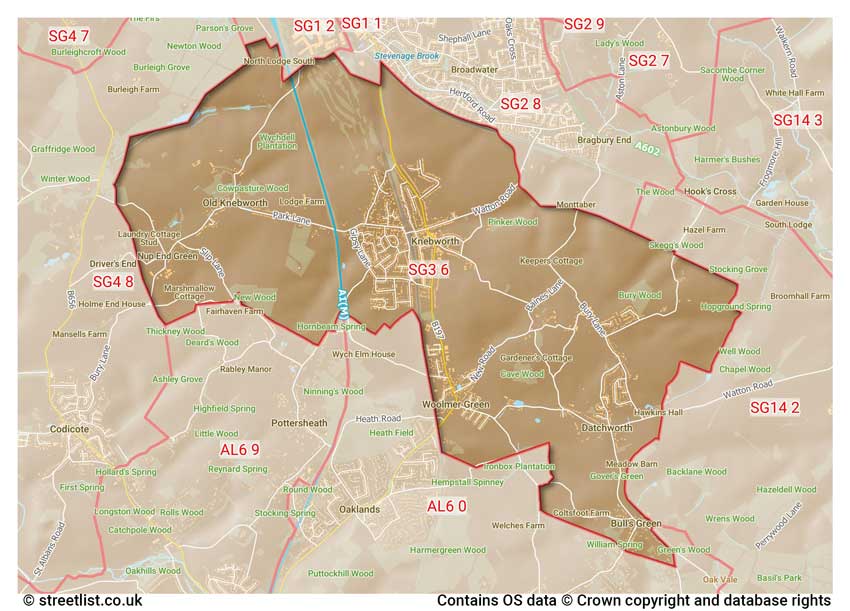 map showing postcode sectors within the SG3 district