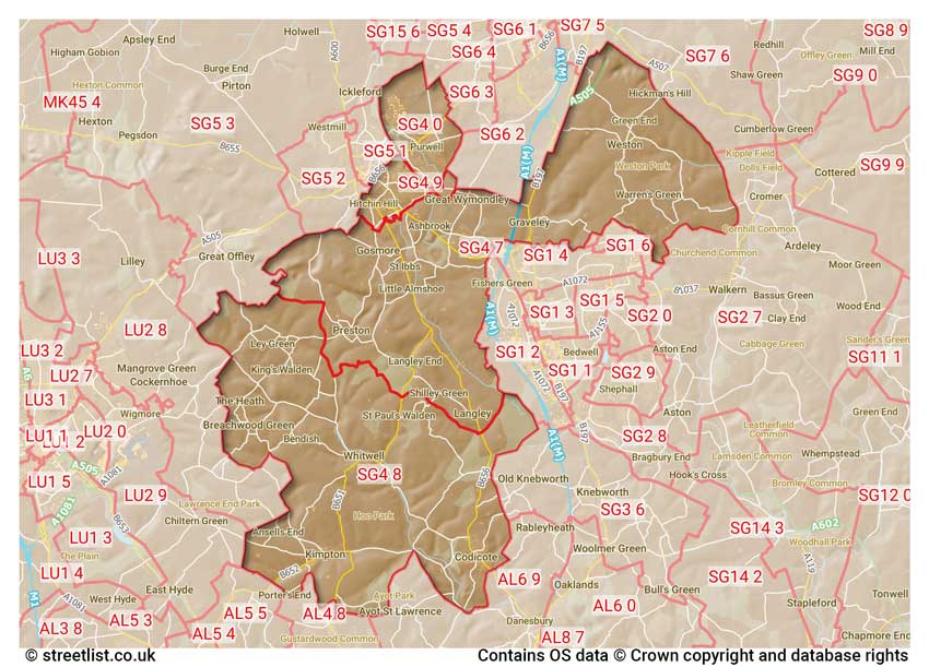 map showing postcode sectors within the SG4 district