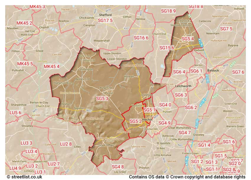 map showing postcode sectors within the SG5 district