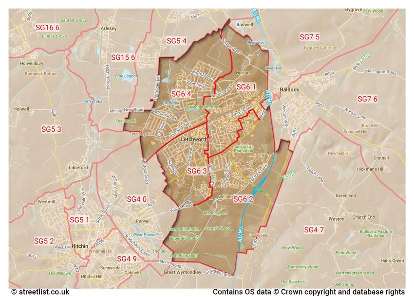 map showing postcode sectors within the SG6 district