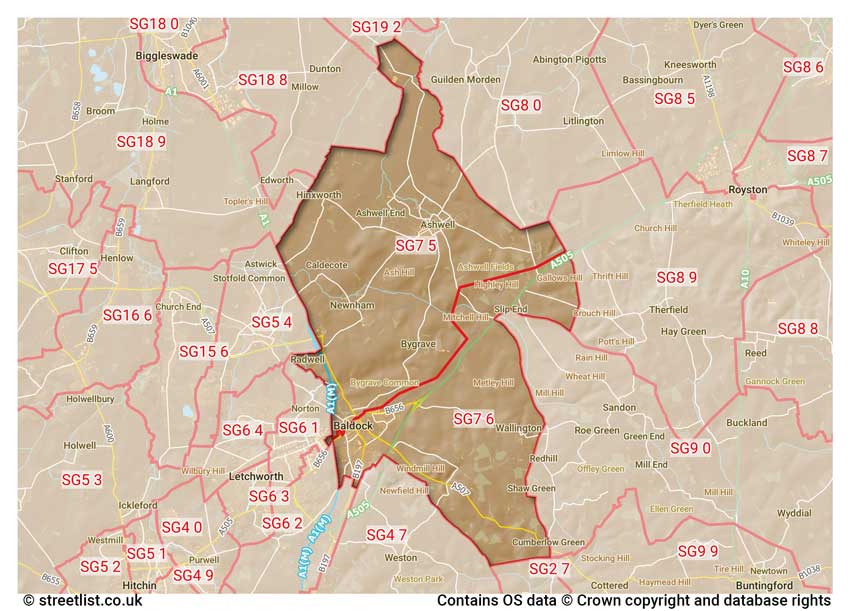 map showing postcode sectors within the SG7 district