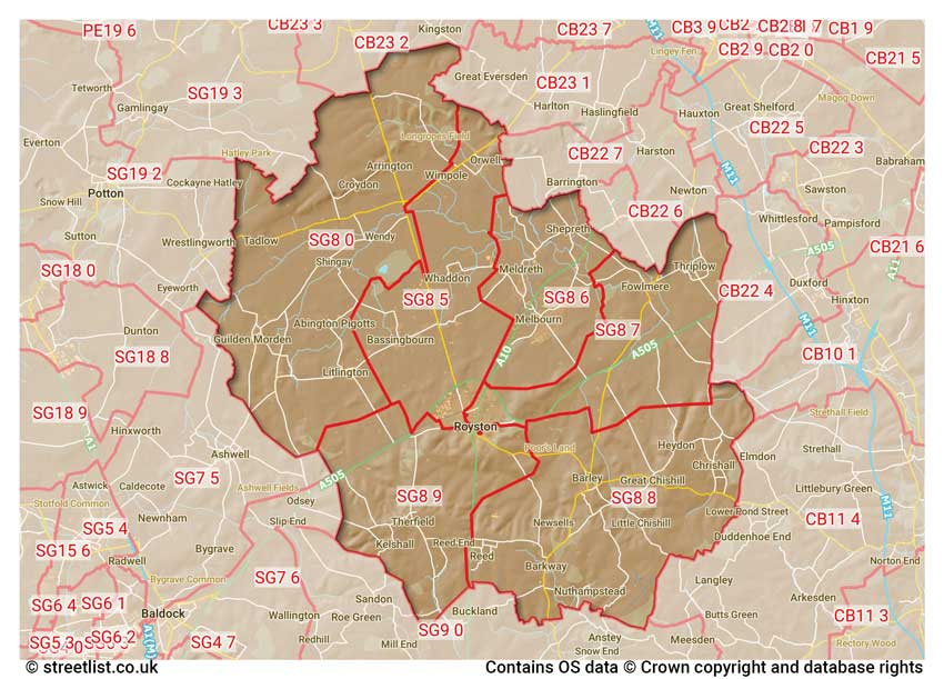 map showing postcode sectors within the SG8 district