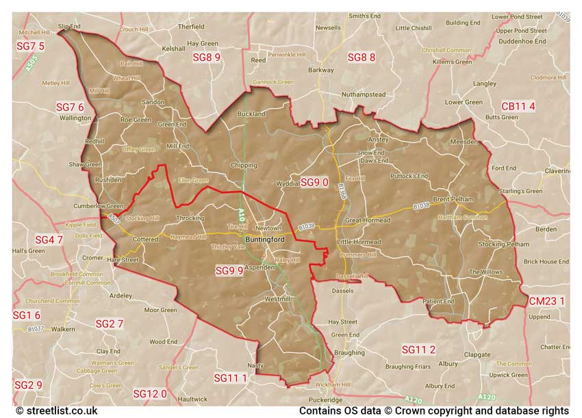 map showing postcode sectors within the SG9 district