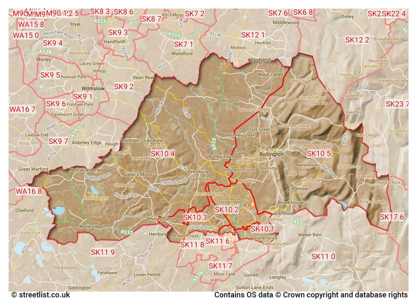 map showing postcode sectors within the SK10 district