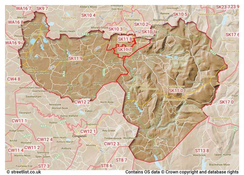map showing postcode sectors within the SK11 district