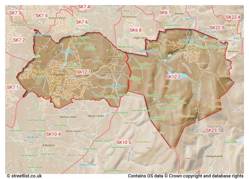 map showing postcode sectors within the SK12 district