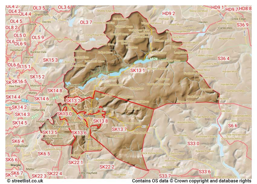 map showing postcode sectors within the SK13 district