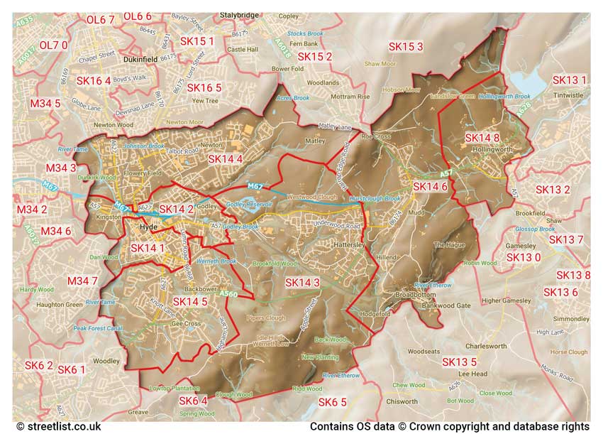 map showing postcode sectors within the SK14 district